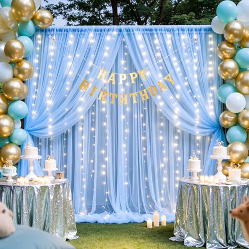 Baby Blue Sheer Tulle Backdrop Curtains with Lights String for Parties Baby Shower Decorations for Boy Bridal Shower Birthday Party Photo Shoot Background Wall Decorations 10×8ft(2 Panels 5×8ft) - color: Baby Blue, size: 10 ft X 8 ft(2 Panels 5ft X 8ft)