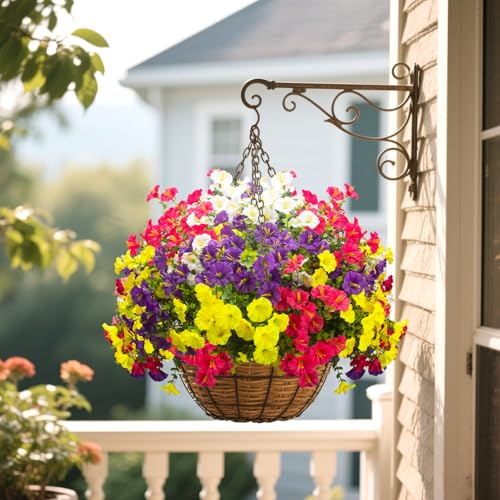 Grunyia 16 Bundles UV Resistant Artificial Morning Glory Flowers - Faux Silk Plastic Fake Flowers with Green Foliage for Outdoor Indoor Porch Patio Planter Yard Garden Home Decor - color: Mix(white,yelow,,purple, Rose Red)