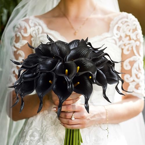 Artificial Calla Lily 12Pcs Black Real Touch Faux Flowers for Wedding Bouquet, Bride Bridal Shower, Spring Home Kitchen Table Decor, Fake Lilies for Centerpieces, Party Decorations - color: Balck