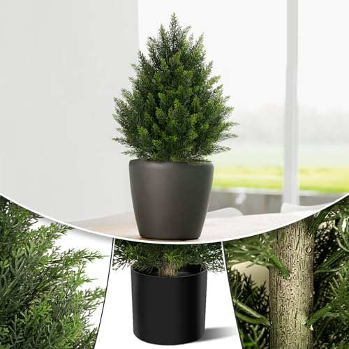 Vitalismo Outdoor Artificial Cedar Topiary Tree, Faux Evergreen Shrubs for Front Porch Decor, Lifelike Fake Bushes Plants for Home Living Room Front Door Decor (1, 2ft) - size: 2ft