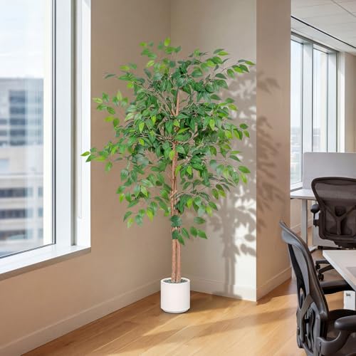 Artificial Ficus Tree 5FT Tall, Faux Ficus Tree Indoor Outdoor, Fake Silk Ficus Plant with Planter, Lifelike Leaves Large Potted Floor Tree for Home Office Living Room Porch Decor - size: 5ft