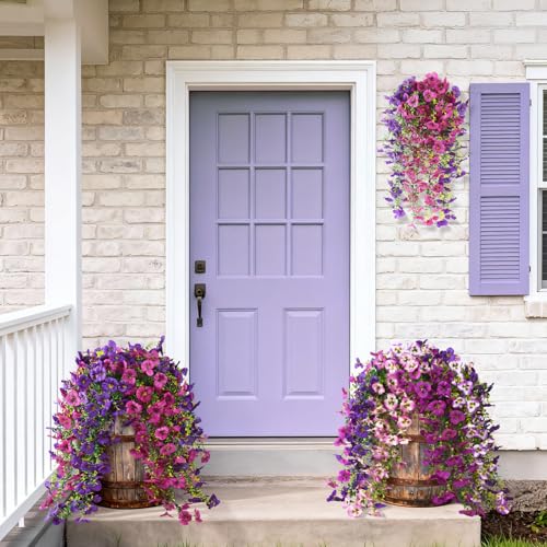 Fake Artificial Flowers for Outdoors, 4 Pcs Faux Hanging Pansy Flowers Spring Summer Decor, UV Resistant No Fade Fake Plants Silk Flower for Planter Front Door Porch Patio Yard Garden(Purple Rose Red) - color: Dark Purple,rose Red