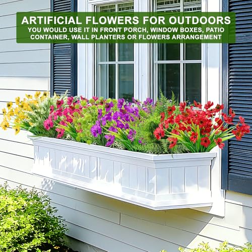 16 Bundles 7 Styles Artificial Flowers for Outdoors, UV Resistant No Fade Fake Plants Outdoor Faux Flowers Plant Silk Daisy Boston Fern Lavender Flowers for Cemetery Outside Planters Porch Patio Home