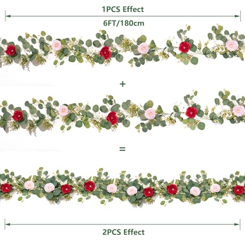 2 Pack 12Ft Artificial Flower Garland with Eucalyptus and 12 Roses, Fake Rose Garland Floral Vines for Wedding Backdrop, Table Centerpieces, Party Decor, Wall Greenery (Red Pink, 2PCS) - color: Red Pink
