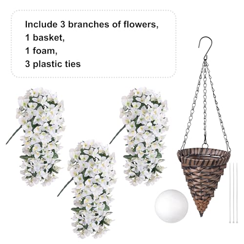 Ivydale Bougainvillea Artificial Hanging Fake Flowers with Basket for Outdoors Decoration, Faux Silk Flowers UV Resistant Fake Plants Long Vines Realistic for Outside Front Door Porch Patio, White - color: White