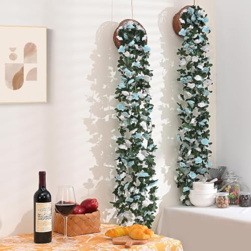 MARTINE MALL Flower Garland Rose Vines, 2 Strands 16.5Ft Flowers Vines for Bedroom, Rose Flower Garland Decoration, Blue and White Rose Floral Garland for Room Birthday Wedding Party Garden Wall Decor - color: Blue and White, size: 2 Packs
