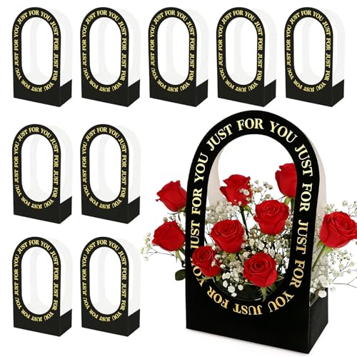 ARPOVIST 10 Pack Flower Arrangement Boxes, Foldable Black Bouquet Box Bags with Handle, Floral Gift Box for Bouquets, Wedding Flower Packaging, Florist Supplies for Birthday Valentine’s Day - color: Black, size: 1 Count (Pack of 10)
