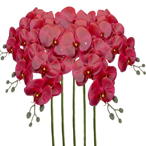 Artificial Phalaenopsis 5 Pcs Artificial Flowers Artificial Orchid Flowers Stem Fake Plants for Décor (Red) - color: Red