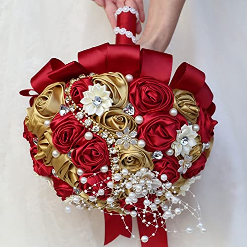 Bridal Wedding Bouquet with Rhinestone Brooch Pearl Bouquet for Bride Bridesmaid Quinceanera Satin Rose Flower Bouquet Wedding Burgundy and Gold 8.7in - color: Burgundy and Gold (Standard Size: Dia.8.7")