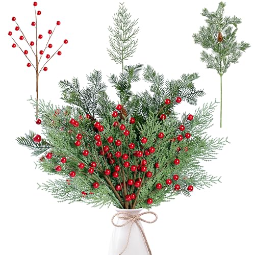 Sggvecsy 30 Pcs Artificial Pine Branches Fake Greenery Pine Picks with Pine Cones Artificial Red Berry Branches Christmas Pine Needles for DIY Wreath Xmas Embellishing Flower Arrangements Decoration