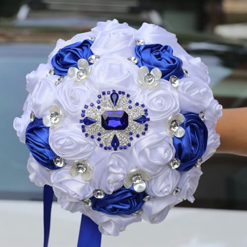 White and Royal Blue Bridal Wedding Bouquet for Bride Bridesmaid Quinceanera with Blue Brooch Rhinestone Satin Rose Flower Bouquet Wedding Royal Blue and White 7.5in - color: White & Royal Blue (Blue Brooch on Top), size: Diameter: 7.5 inches