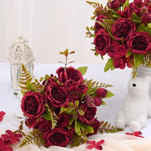 MARTINE MALL 4 Packs Peonies Artificial Flowers, Burgundy Artificial Peonies, Silk Peonies Flowers Fake Peonies Artificial Flowers Peonies Bouquet for Halloween Centerpiece Table Wedding Home Decor - color: Red, size: 4PCS