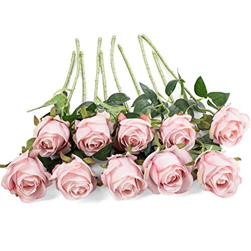 10pcs Artificial Rose Flowers Long Stem Fake Silk Roses for DIY Wedding Bouquet Table Centerpiece Home Decor (Light Pink) - color: Light Pink