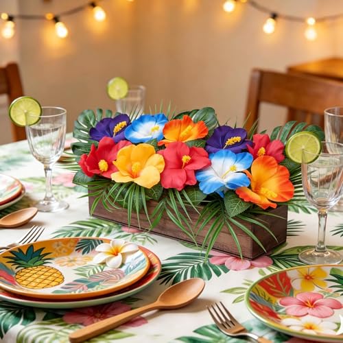 Hawaiian Flowers Arrangements for Table Centerpieces Tropical Artificial Hibiscus Fake Flowers with Palm Leaves Decor in Wooden Planter for Kitchen Island Summer Luau Party Decorations - color: Colorful
