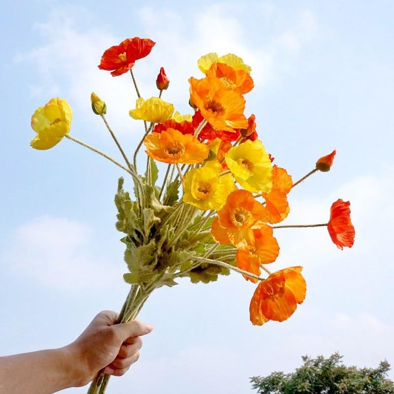 Poppy Flowers Artificial， Poppy Silk Flowers with Stems，Ranunculus Artificial Flowers，Faux Flower Stems for Wedding,Party, Outdoor Indoor Decor Flower Arrangements for Table (3, Orange) - color: Orange