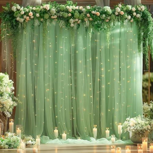 10ft x 8ft Green Backdrop Curtain with Lights String for Parties, Sheer Tulle Wedding Photo Backdrops Drapes for Baby Shower Birthday Party Decorations Background for Photography - color: Green, size: W5' x H8'(2 panels)
