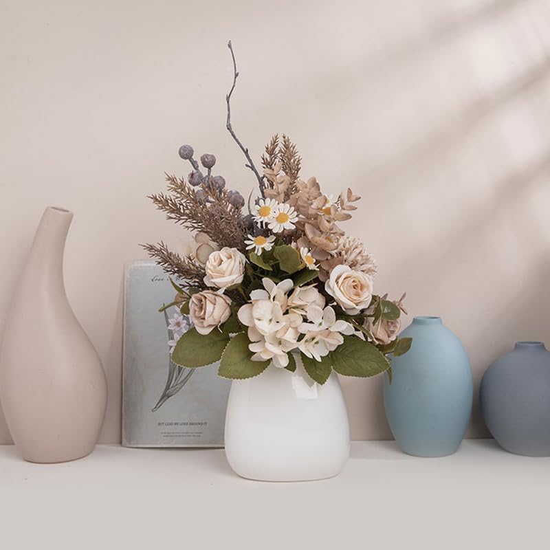 12-inch Small Fake Silk Flowers Fall Bouquet Faux Centerpieces with Roses, Dandelions, Hydrangea, Daisies, Hollyberries - Realistic Artificial Floral Arrangements for Home Kitchen Decor - color: Brown