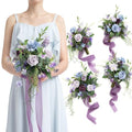 Ling's moment Light Purple Artificial Bridesmaid Bouquets Set of 4 Wedding Flower Bouquets Blue Floral Bouquet Bridal Bouquets with Ribbon,Ceremony,Anniversary,7-inch Diameter - color: Prpl-deep Plum