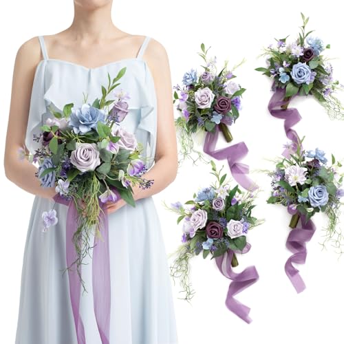 Ling's moment Light Purple Artificial Bridesmaid Bouquets Set of 4 Wedding Flower Bouquets Blue Floral Bouquet Bridal Bouquets with Ribbon,Ceremony,Anniversary,7-inch Diameter - color: Prpl-deep Plum