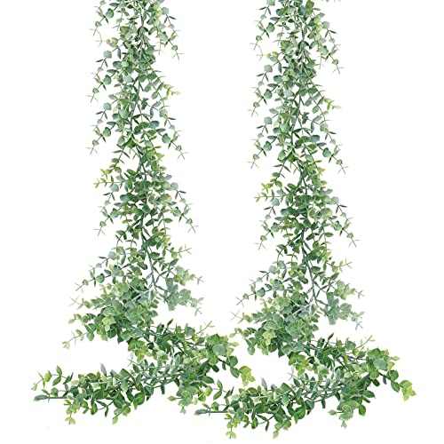 Dolicer 2 Pack Faux Eucalyptus Garland, 12Ft Artificial Vines Fake Hanging Eucalyptus Leaves Greenery Garland for Wedding Backdrop Arch Wall Table Party Indoor Outdoor Decor (Grey Green) - color: Grey Green, size: 2 Packs