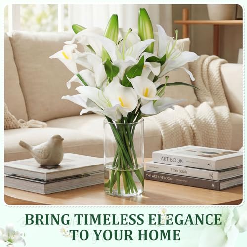 15.74 Inch Artificial Calla Lily Lily Flowers White Fake Flowers Green Bud with Faux Water Realistic Touch for Dining Room Centerpiece Table Wedding Bridal Shower Spring Decor