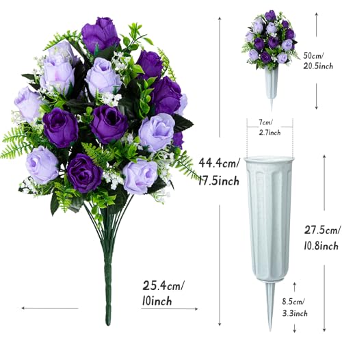 XONOR Artificial Cemetery Flowers for Grave Decorations, Artificial Memorial Roses Flowers Bouquet with Vase for Cemetery Headstones Decoration, 2 Sets (Dark Purple&Light Purple) - color: Dark Purple&light Purple