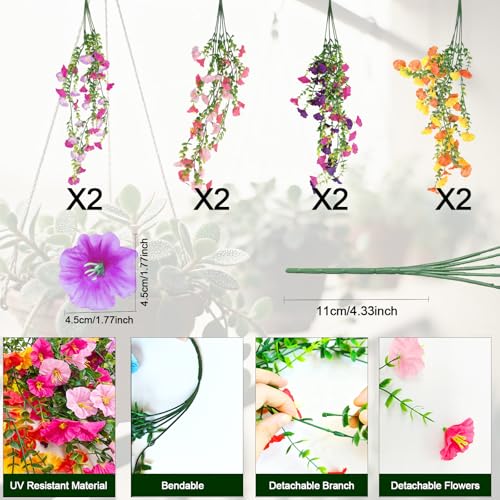 8 Packs Artificial Hanging Flowers for Outdoors Fake Morning Glory for Home Decoration UV Resistant Mixed Color Greenery and Flowers for Porches Gardens Yard Decor (Mixed-Color) - color: Mixed-color