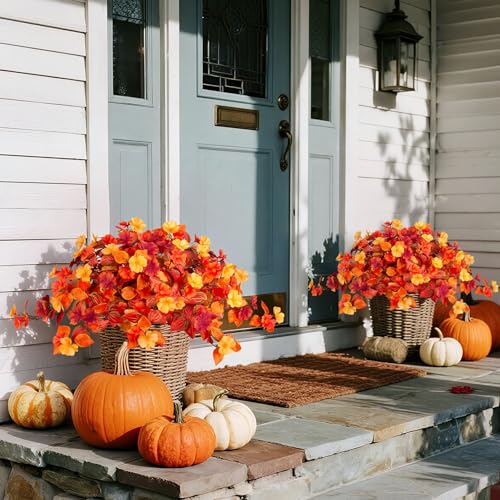 INXUGAO Fake Fall Flowers Artificial for Decoration 2PCS Faux Silk Fall Flowers Plants for Outdoors Outside Planters UV Resistant Looks Real for Front Door Porch Patio Garden Decor - color: Y1-orange Red Yellow
