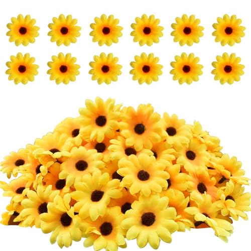 120Pcs Silk Artificial Gerbera Daisy Heads, 1.5 Inch Fabric Fake Chrysanthemum Flowers Floral Heads for Wedding, Party, Home, Beach Decoration and DIY Craft (Yellow) - color: Yellow