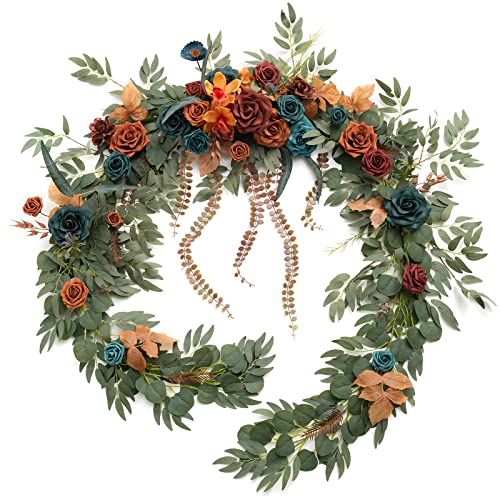 Ling's moment 9FT Flower Garland for Backdrop Decoration - Fall Wedding Arch Flowers, Eucalyptus & Rose, Artificial Floral Garland for Mantle - Sweetheart Table Decor for Ceremony, Teal & Orange - color: Or-dark Teal & Burnt Orange