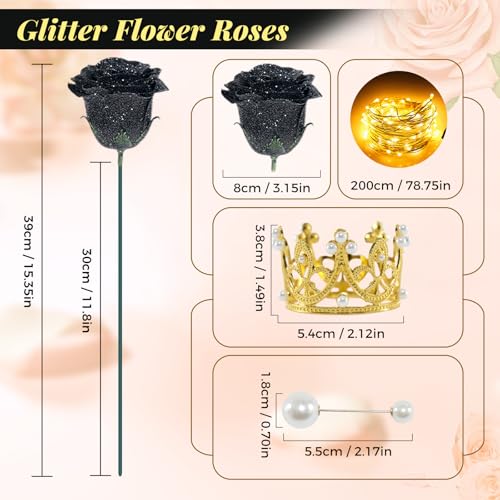 Black Glitter Roses Bouquet, 24 Pcs Shiny Glitter Flowers Bouquet, Everlasting DIY Artificial Roses Bouquet for Christmas, Birthday, Anniversary, Wedding, Engagement - color: Black-a, size: 24 PCS