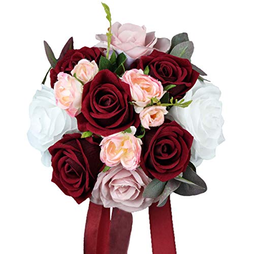 Rinlong 7" Wedding Bouquet, Burgundy Silk Bridesmaid Bridal Bouquet - color: 19-burgundy Red