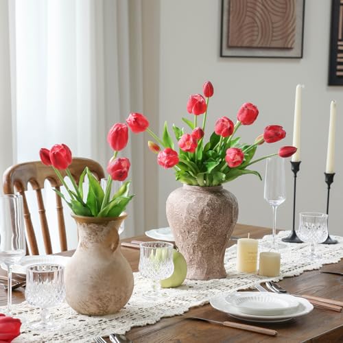 mizii 15Pcs Red Tulips Artificial Flowers Latex Plastic Real Touch Fake Tulips Flowers Look Real Faux Tulip Flower Bouquet Decoration for Vase Room Table Centerpieces Home Decor (Red) - color: Red