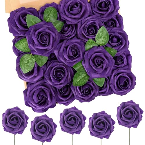 N&T NIETING Artificial Flowers 50pcs Real Touch Dusty Purple Foam Fake Roses with Stems for DIY Wedding Bouquets Bridal Shower Centerpieces Arrangements Party Tables Decorations - color: Dusty Purple, size: 50pcs