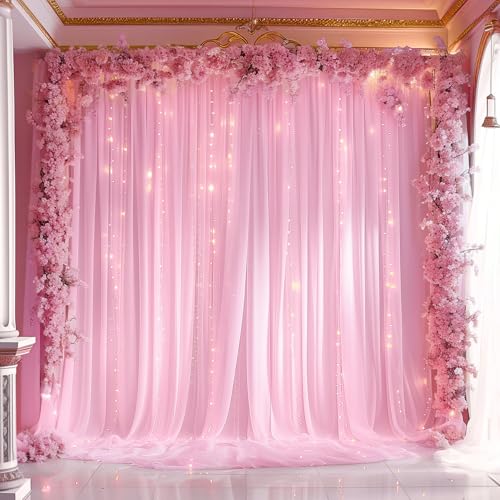10ft x 10ft Pink Backdrop Curtain with Lights String for Parties, Sheer Tulle Wedding Photo Backdrops Drapes for Baby Shower Birthday Party Decorations Background for Photography - color: Pink, size: W5' x H10'(2 panels)
