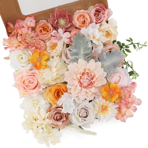 Floweroyal Artificial Flowers Combo Champagne Flowers Mix Silk Flowers Dahlia Roses with Stems for DIY Wedding Bridal Bouquets, Baby Shower, Floral Arrangement, Table Centerpieces, Home Decorations. - color: Champagne Pink