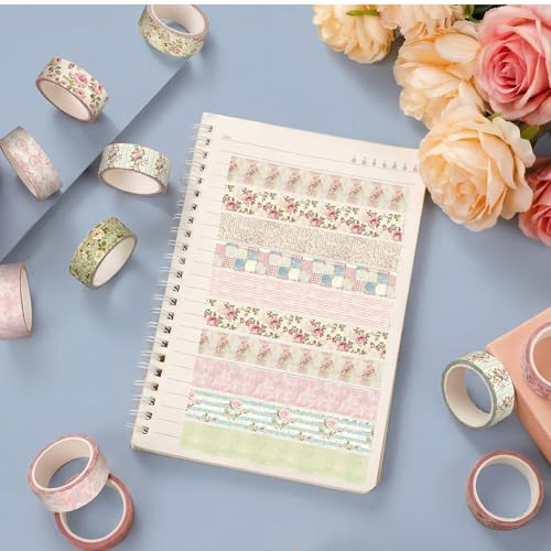 12 Rolls Watercolor Floral Washi Tape Set 15 mm Vintage Flower Decorative Masking Tape for Summer School Arts DIY Craft Scrapbook Journal Supplies Gifts(Vintage Pink,Cottagecore) - color: Vintage Pink, style: Cottagecore