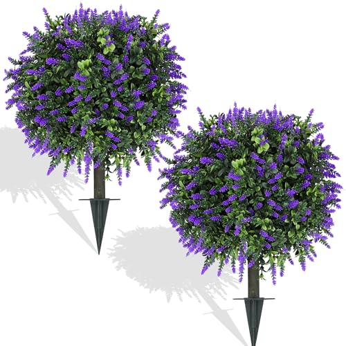 Muhanjia Artificial Boxwood Topiary Ball with Lavender,Set of 2,UV Resistant Artificial Shrub Bushes with Ground Spike,Fake Evergreen Plant Easy to Insert in Ground for Porch Outdoor Indoor (Lavender) - color: Lavender