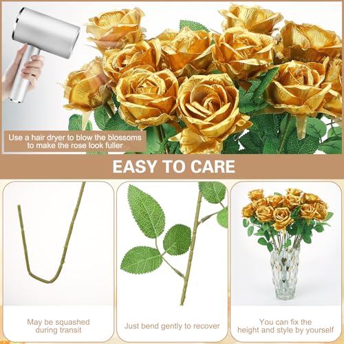 36 Pcs Gold Artificial Roses with Long Stems, Fake Silk Rose Artificial Flowers Bulk for Bridal Wedding Bouquet Centerpiece Ball Arrangement Party Decor - color: Gold