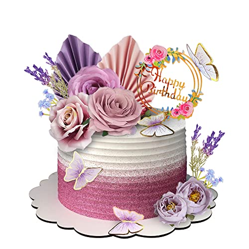 17 PCS Flower Cake Toppers Butterfly Cake Decorations Happy Birthday Cake Toppers with Artificial Purple and Pink Rose Eucalyptus for Birthday Wedding (Purple) - style: Purple