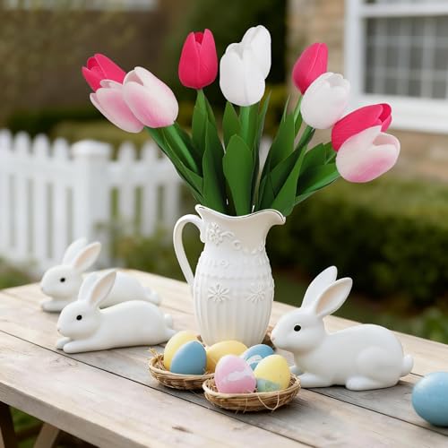 Artificial Tulips Flowers Fake Latex Tulip Stems - 30pcs Real Touch Faux Multicolor Tulips Flower for Easter Spring Wedding Bouquet Centerpiece Floral Arrangement Cemetery Table Decor - color: White,pink,rosy 01