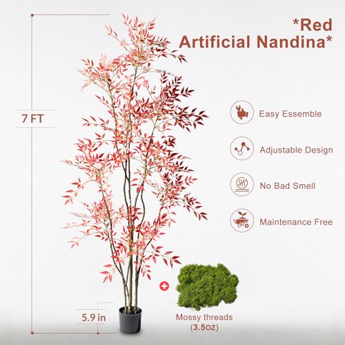 Tall Faux Plastic Silk Plants Large Artificial Bamboo Tree Indoor Outdoor Realistic Floor Plant Potted Fake Nandina Trees for Home Living Room Office Front Porch Patio decoracion Housewarming Gift - color: Red, size: 7ft 3in