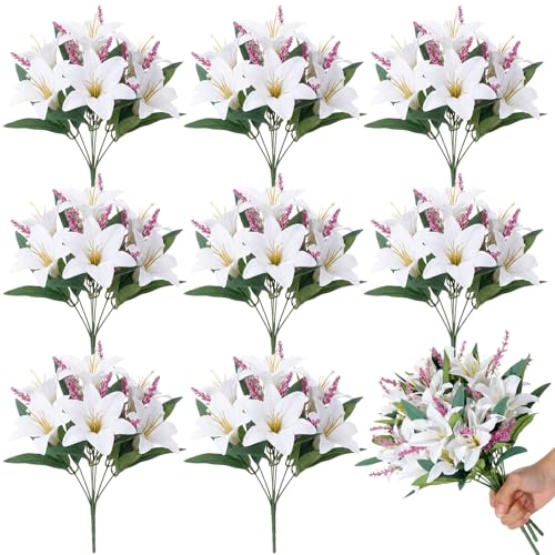 Giegxin 8 Pcs Artificial Tiger Lily Bouquets, Silk Faux Easter Lilies with 7 Heads, Realistic Spring Flowers for Wedding Centerpieces, Home Vase Decor, Party & Event Arrangements (White Purple) - color: White Purple