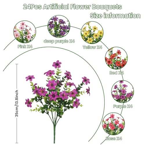 SHareconn 24 Bundles Artificial Flowers for Outdoors Decoration, Faux Plants Fake Silk Colorful Daisy Eucalyptus Lavender, UV Resistant for Outside Home Indoor Spring Decor, 6 Colors incl. Deeppurple - color: Redfuchsiapurpledeeppurpleyellowpink