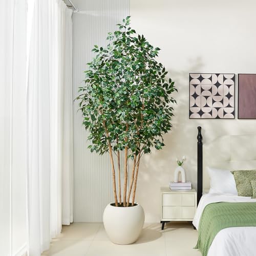 VeriNatural 8FT Artificial Ficus Tree with White Planter - Realistic Faux Ficus Tree with 1900+ Silk Leaves, 5 Real Wood Trunks,Tall Fake Plant for Indoor Living Room, Office, Home Decor (96") - size: 8ft