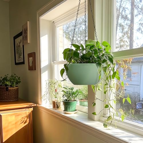 T4U 10 Inch Hanging Planters for Indoor Outdoor Plants, 2 Pack Plastic Hanging Planter, Indoor Hanging Plant Pots, Hanging Basket with Drainage Holes, Flower Pots for Garden Home Decor，Green - color: Green, size: 10 In