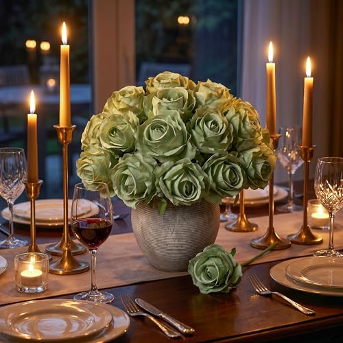 Ivydale 18pcs Green Roses Artificial Flowers, Fake Roses Silk Flowers with Stems Realistic Bouquet for Mother's Day Wedding Party Home Decoration DIY Centerpiece Floral Romantic Gifts - color: Rose-green