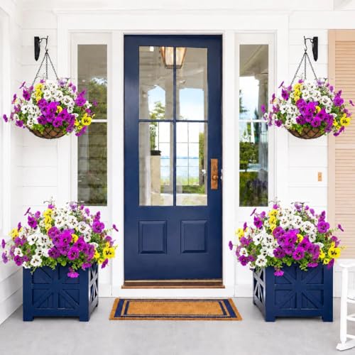 Geegoods 18 Stems Artificial Pansies Flowers for Outdoor with 3 Pcs Butterflies, UV Resistant Faux Flowers for Hanging Baskets Window Box Porch Garden Summer Decor - color: Purple White Yellow, size: 18PCS with Butterfly