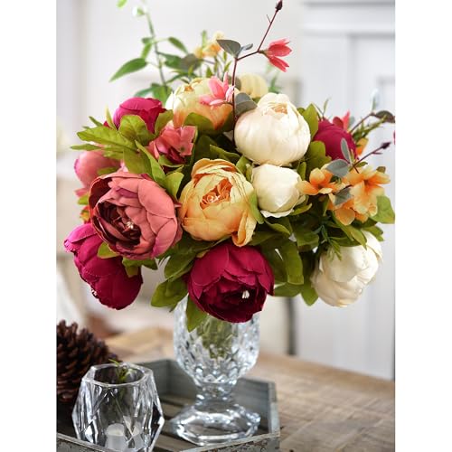 FiveSeasonStuff Sunset Whisper Artificial Peony & Hydrangea Bouquets, 2 Silk Flower Bundles with 2 Gold Taper Candle Holders, Cream Apricot & Berry Red Centerpiece for Home & Wedding Tables - color: Sunset Whisper