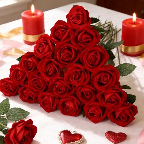 Ouddy Decor 50 Pcs Fake Red Roses Artificial Flowers Bulk Real Touch Velvet Silk Flowers with Long Stems for Wedding Bridal Bouquet DIY Table Centerpiece Valentines Home Decor, Red - color: Red, size: 50 Packs